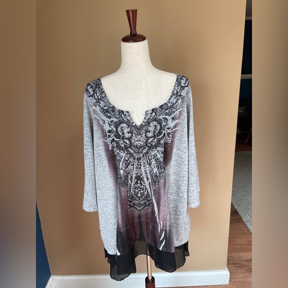 World Unity Womens Asymmetric Mesh Blouse‎ Top 3X Studded Gray